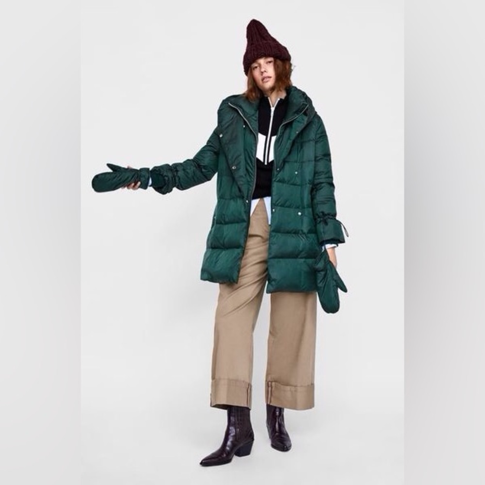Zara modern quilted Down Puffer Coat with hood, removable collar & mittens EUC